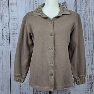 Vintage BOBBIE BROOKS S Earthy Brown Cardigan Cotton Cable Knit Collar Cuffs